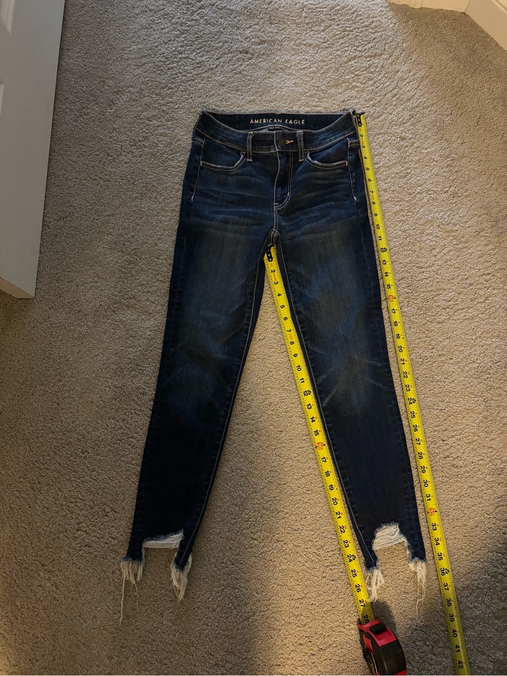 American Eagle Outfitters Dark Blue Ankle Skinny Jeans with Distressed Hem